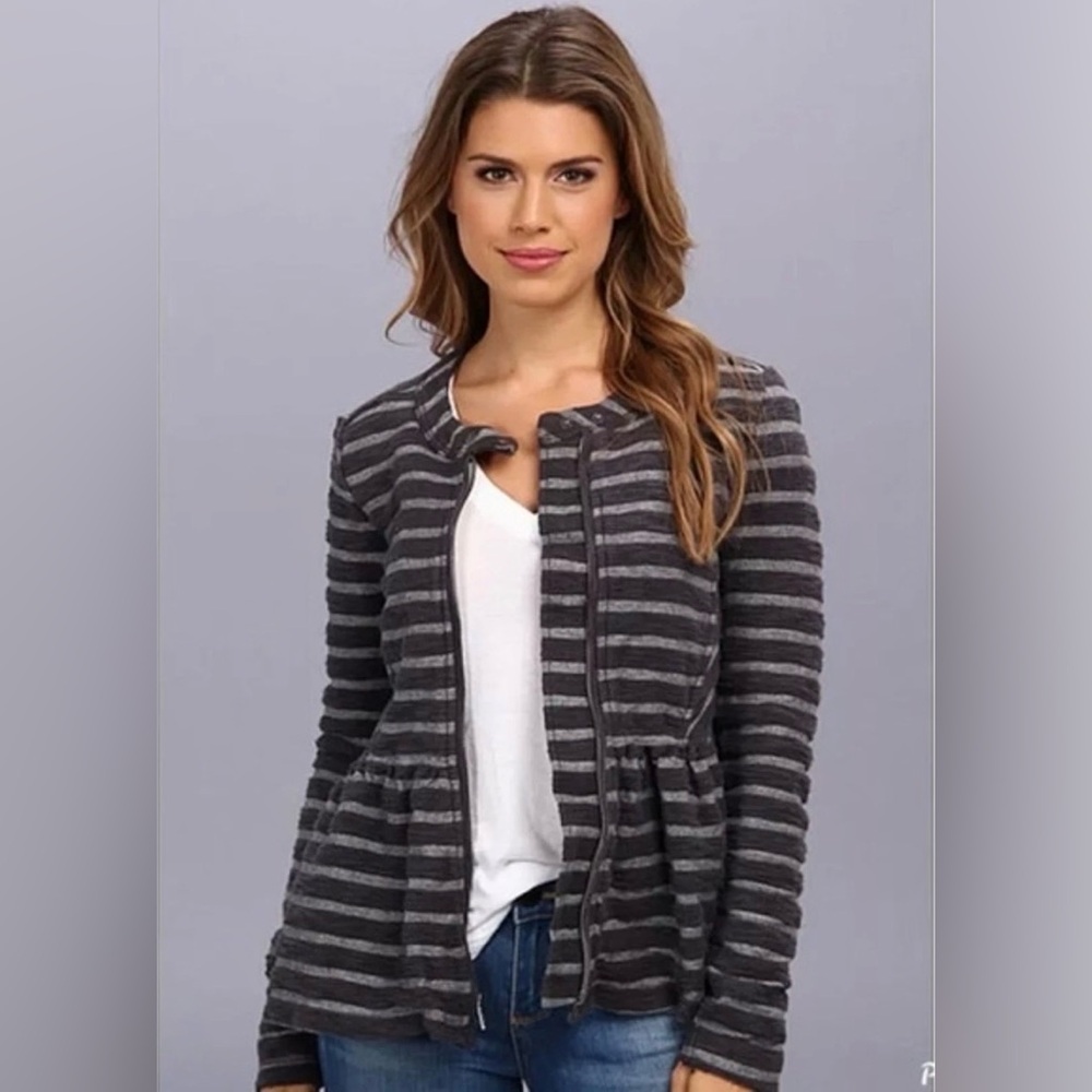 Free People Size Small Gray Striped Knit Zip Up Jacket Sweater Peplum Textured